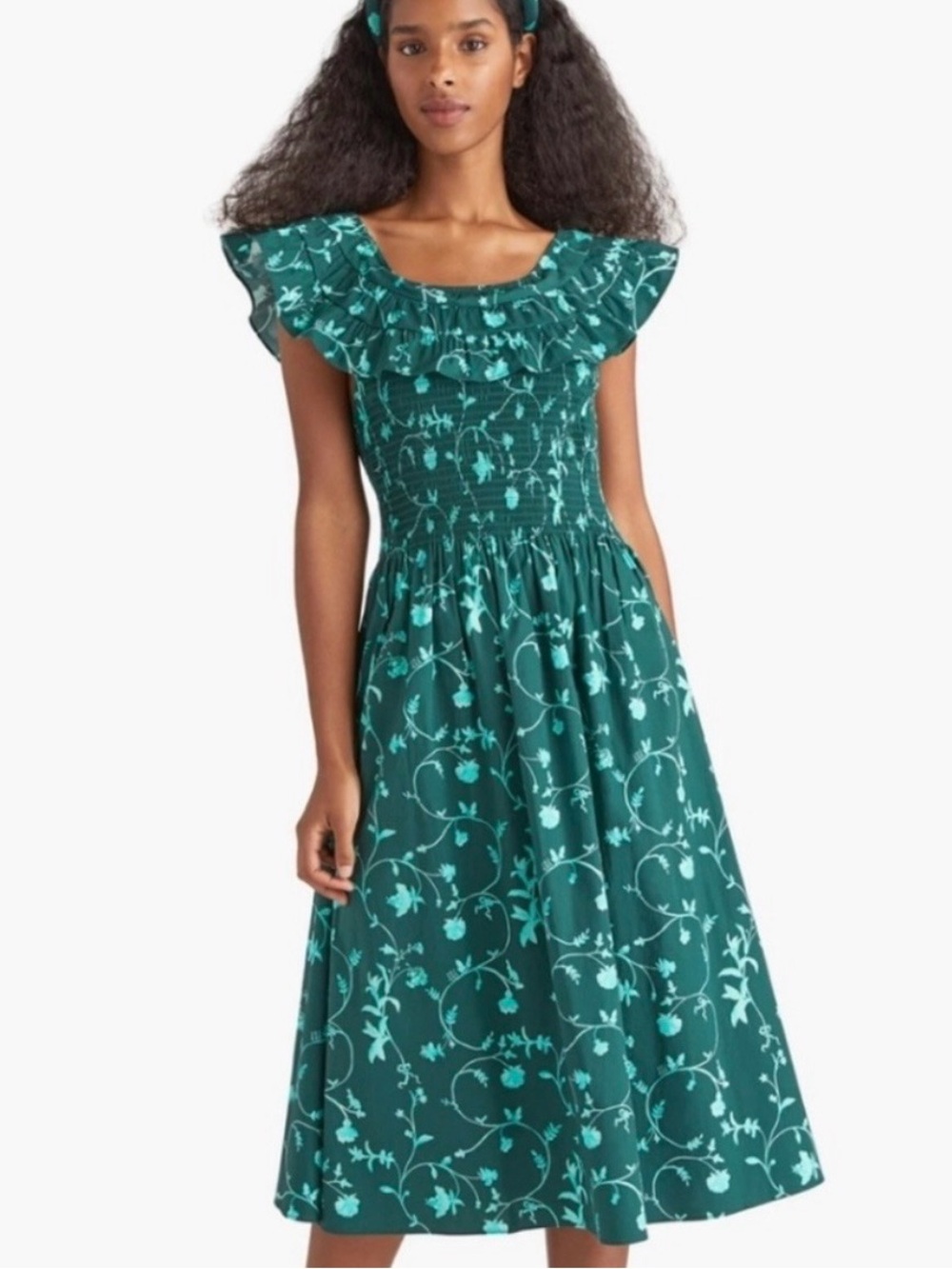 Hill House NWOT Forest Green Floral Midi Dress with Teal Accents